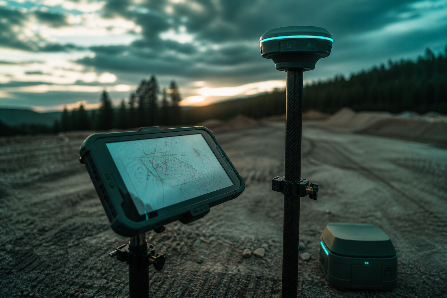 Tablet and RTK pole used as a land survey kit — placeholder render