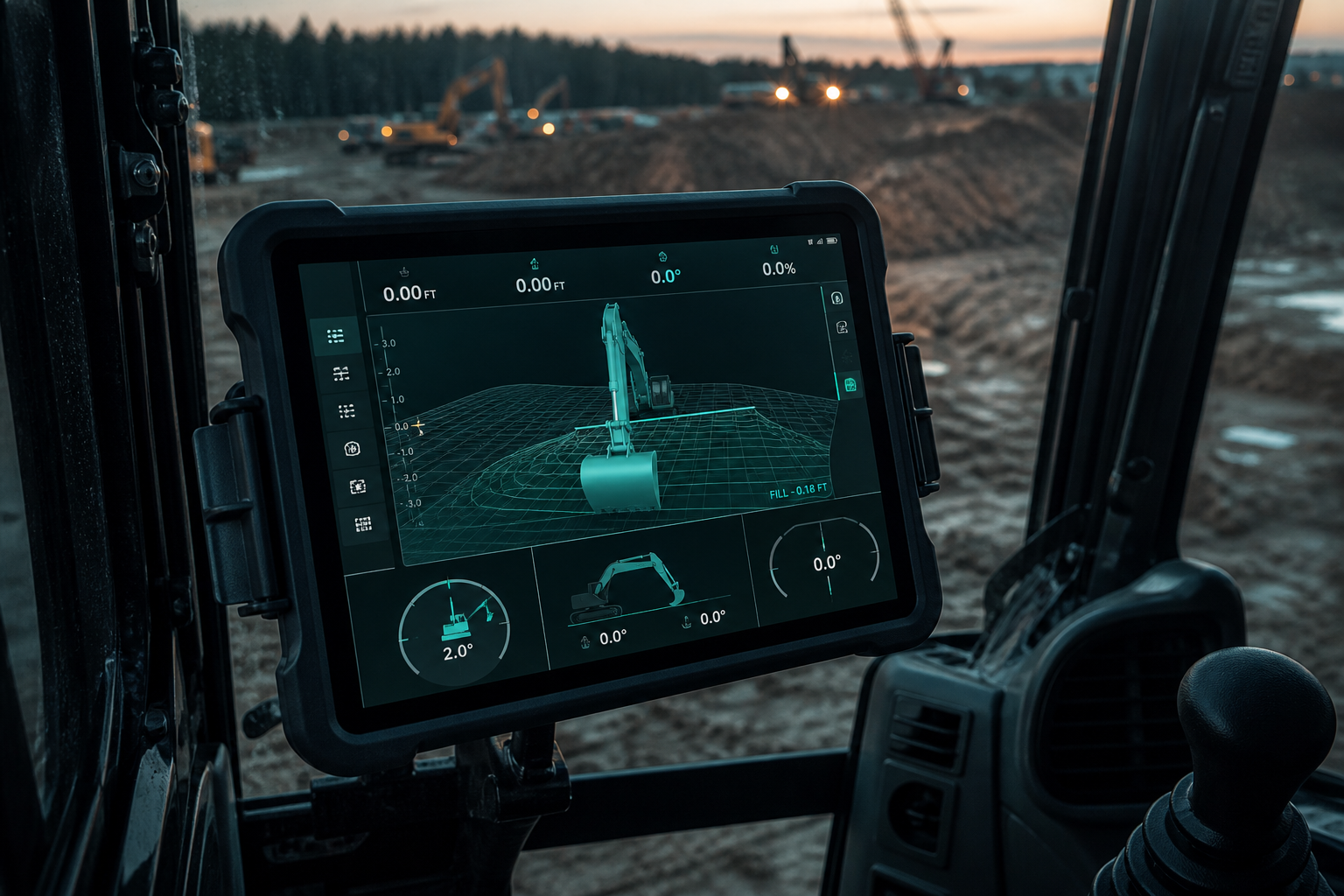 Rugged tablet in an excavator cab showing guidance — placeholder render